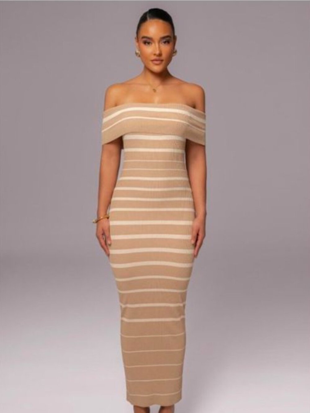 NWT JLUXLABEL Beige Off The Shoulder Striped Dress
